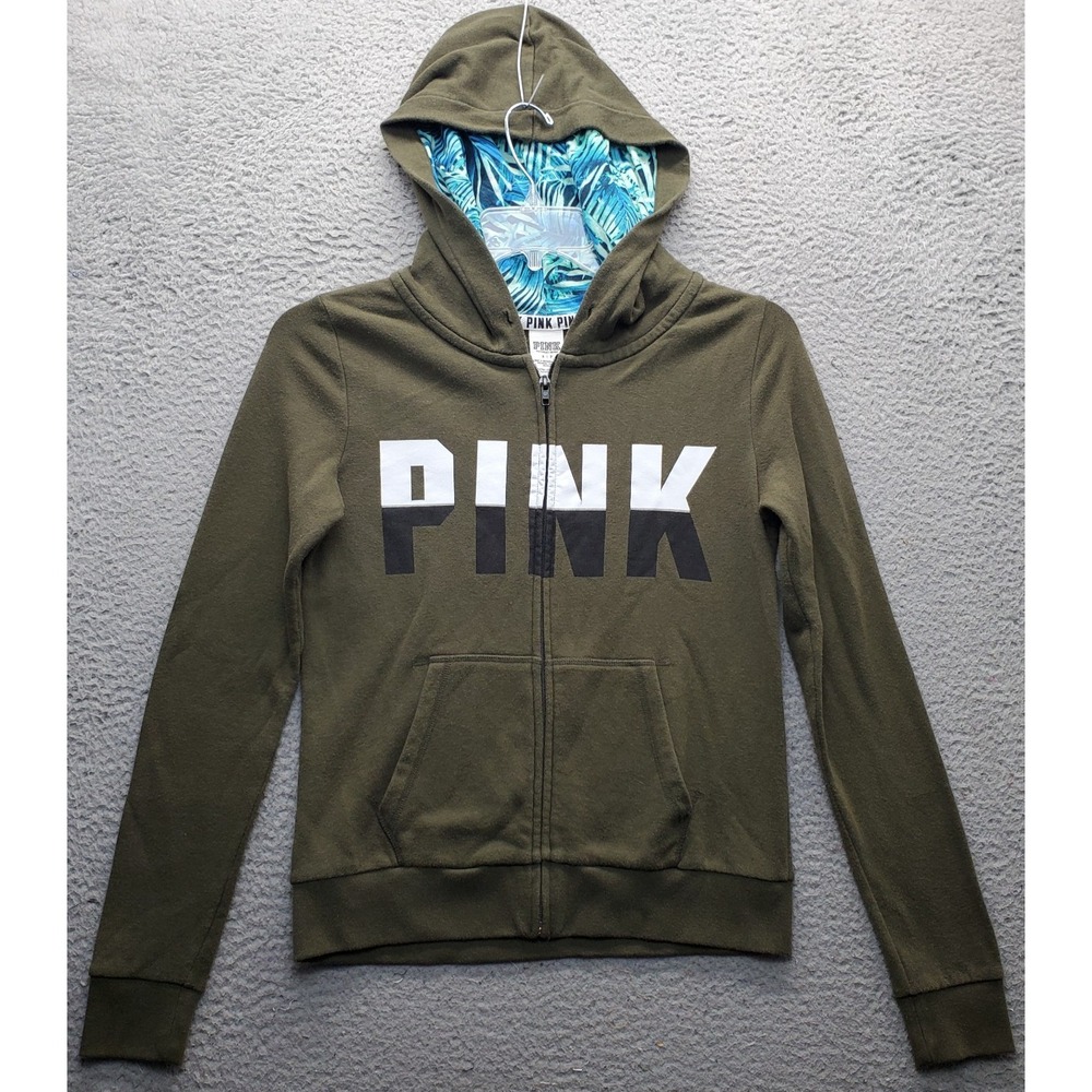 PINK Victoria's Secret Full Zip Hoodie Womens S Green Fleece Lined Spellout Logo
